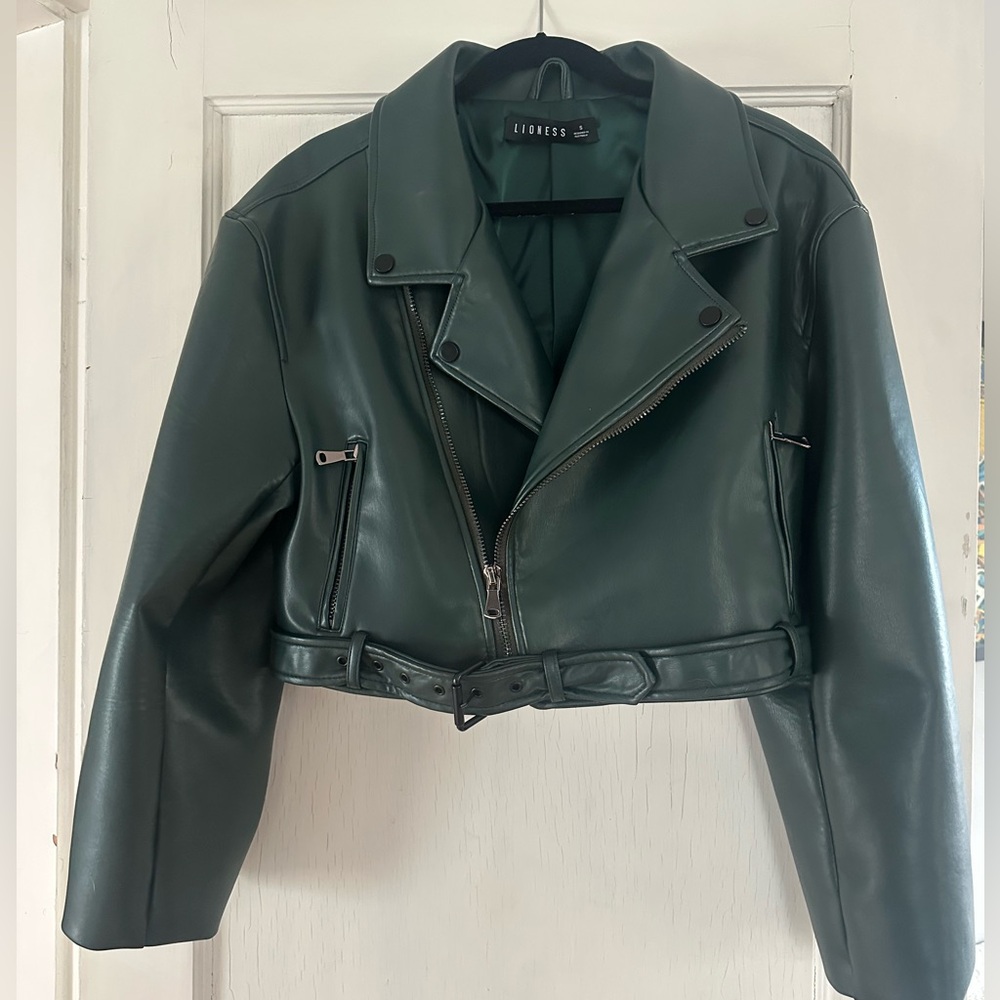 Forest Green Leather Moto Jacket